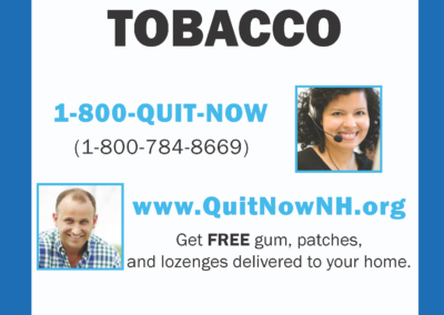 Quit-Now NH flyer with contact info and portraits of call center personnel
