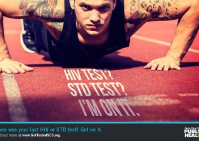 Man doing push-ups on a tract that reads "HIV Test? I'm On It"