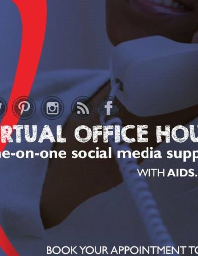 Dark blue graphic with HIV logo describing visual office hours